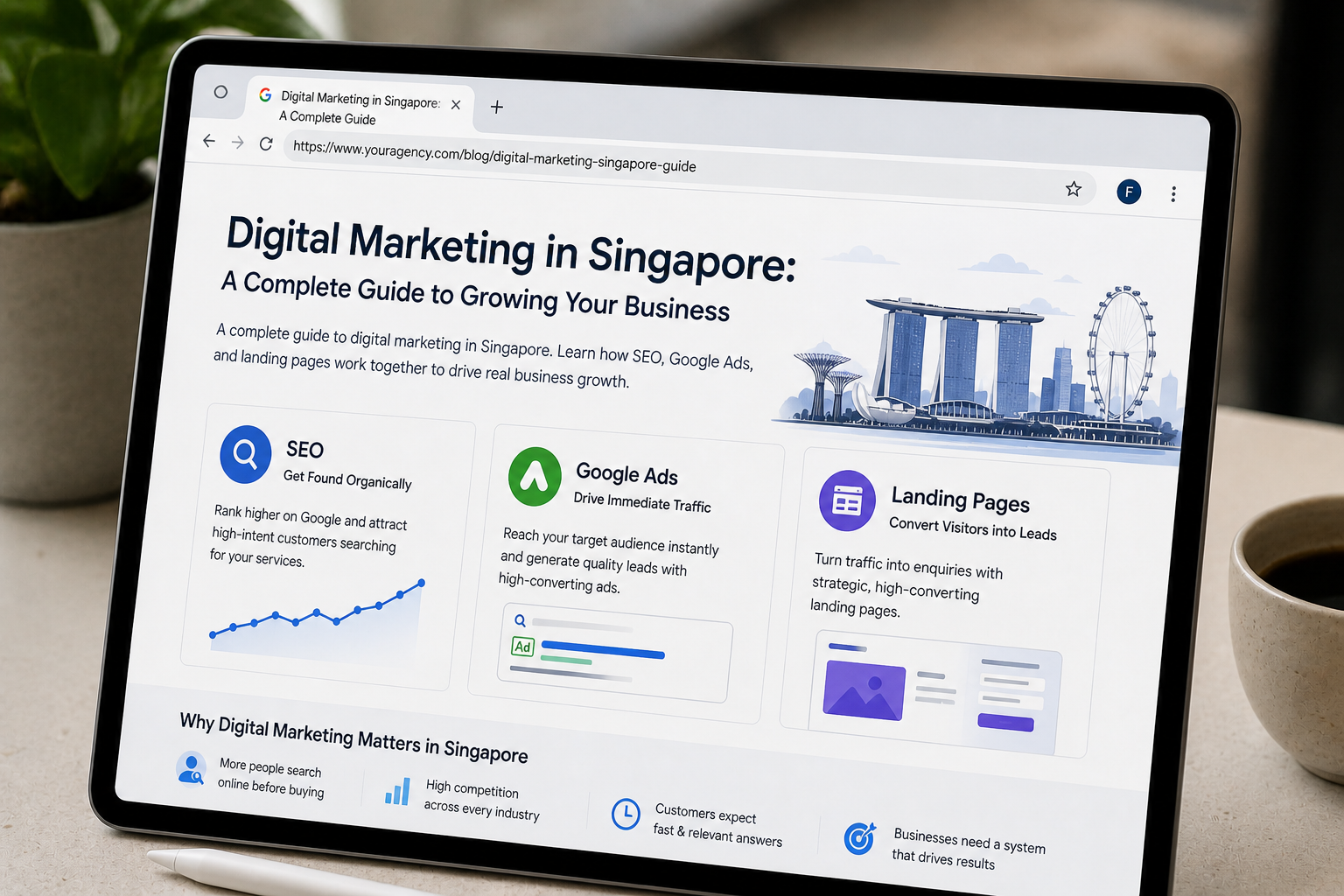 A complete guide to digital marketing in Singapore. Learn how SEO, Google Ads, and landing pages work together to drive real business growth.